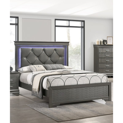 Dark Gray Faux Leather Tufted Headboard 1Pc Eastern King Size Bed W LED Bedroom Furniture Gray Unique Texture FB Solid Wood