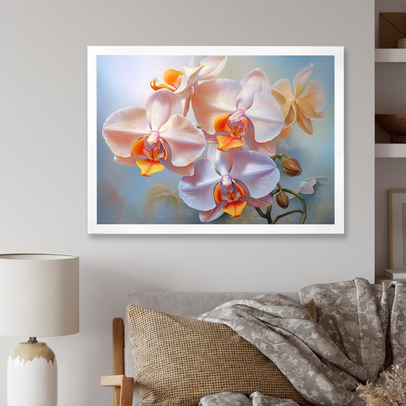 " Peach Orchids Romantic Impression IV ", White Picture Framed, 34" H x 44" W x 1.5" D