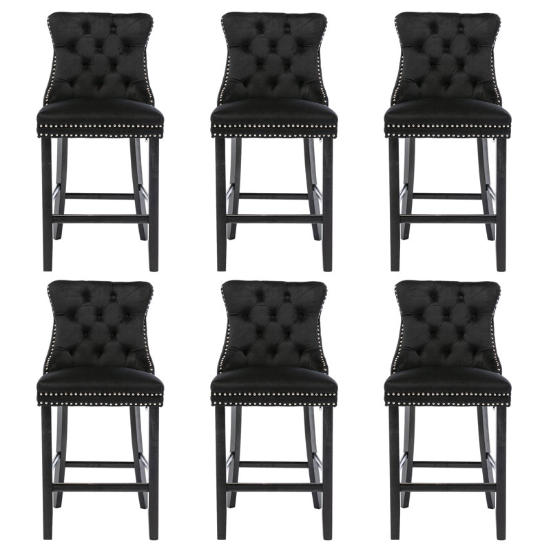 Velvet Upholstered Bar Stool With Button Tufted Back (Set Of 6)