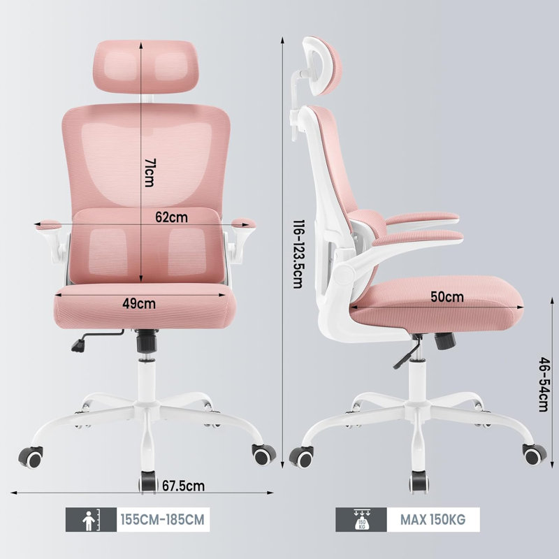 Geralde Office Chair with Headrest, Pink, White