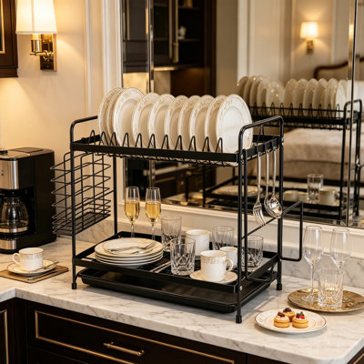 Compact 2-Tier Dish Drying Rack with Drip Tray & Utensil Holders