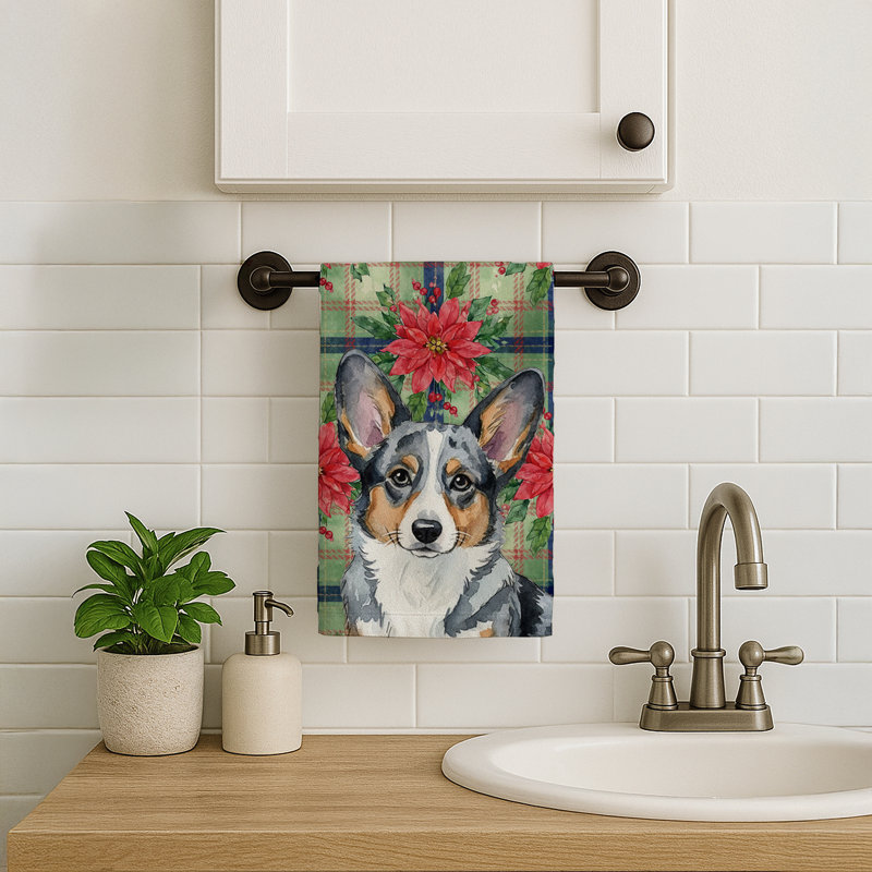 Blue Merle Cardigan Welsh Corgi Christmas PoinsettIas Kitchen Towel, Blue Merle Cardigan Welsh Corgi