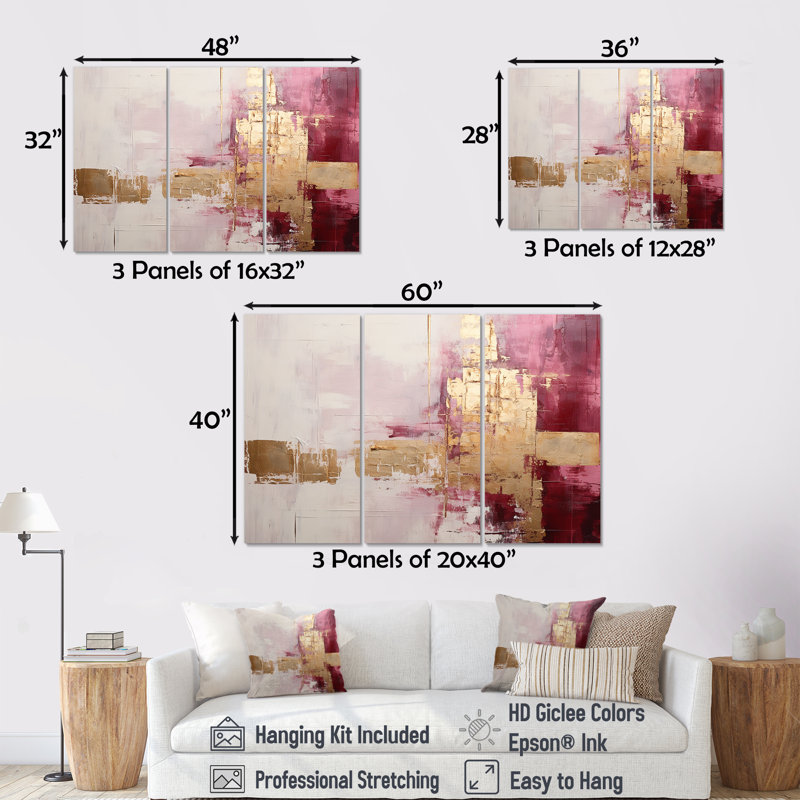 Minimalisme rose et or horizon - ensemble de reproductions d'art abstrait mural, Toile tendue, H 40 po x l 60 po x P 1 po