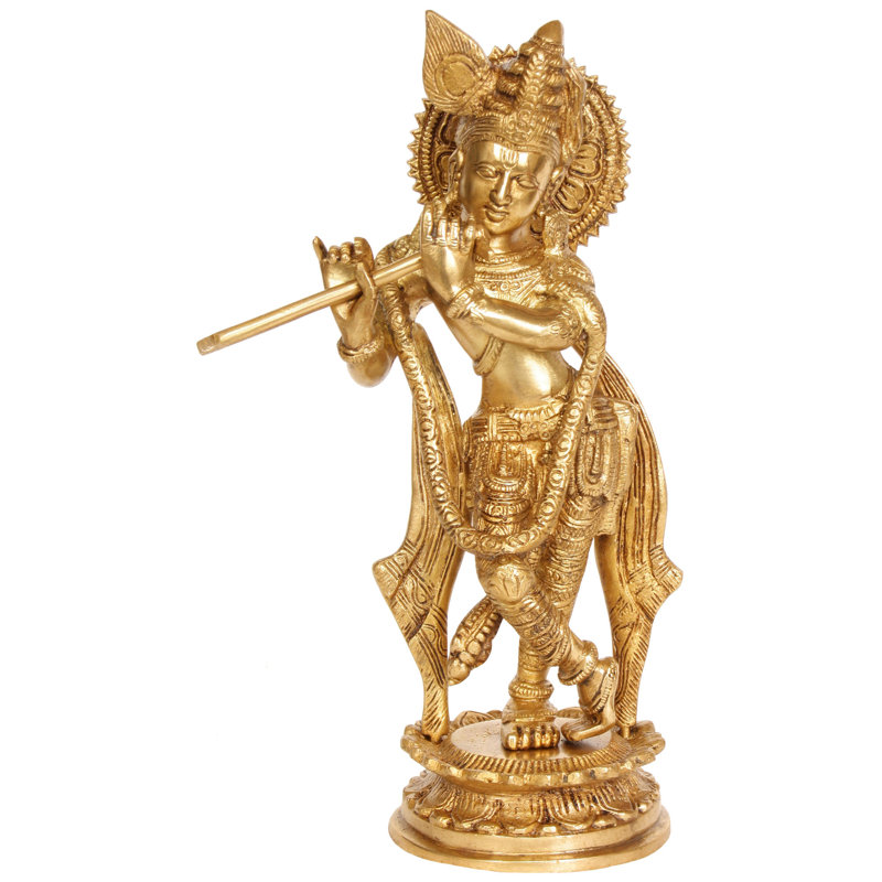 Sculpture en laiton de 11 po faite à la main Murlidhar Krishna - idole de la divinité indienne, pose de flûte, détails complexes pour la décoration intérieure et le temple divin