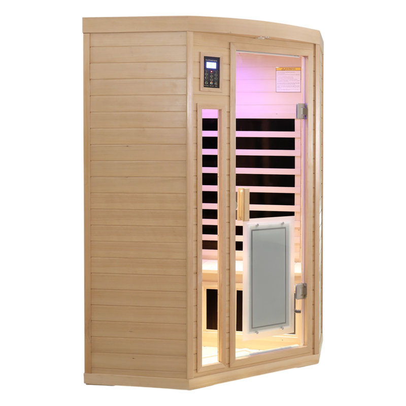 KISRAIS Indoor Corner Sauna, 2-Person Low EMF FAR Infrared Sauna With 2 LED Reading Lights, 3 Chromotherapy Lights, 1 Exterior Light & Bluetooth Speakers | Personal Indoor Dry Heat Sauna For Home & Gym – Made From Canadian Hemlock
