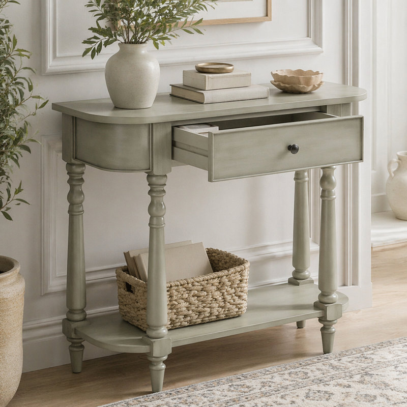 Console étroite avec coins arrondis, tiroir et tablette ouverte, Gris