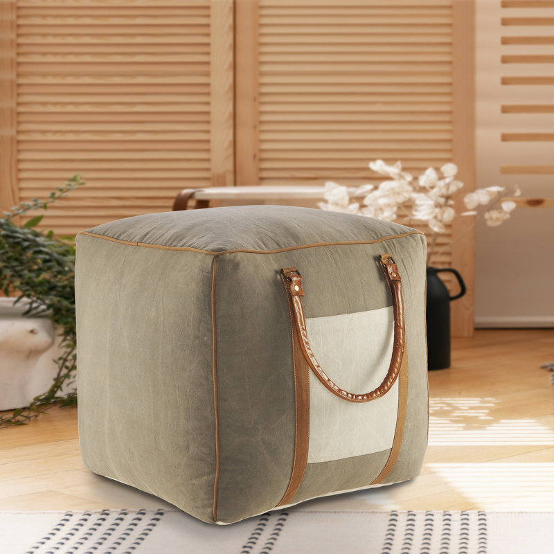 Abedin Cotton and Leather Handmade Ottoman Pouf, Brown/Gray/Cream
