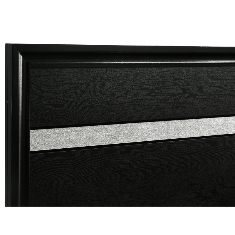 Lit à panneau noir pleine grandeur, rangement intégré, garniture scintillante et stratifié de papier double, tiroirs, détails en cristal, finition
