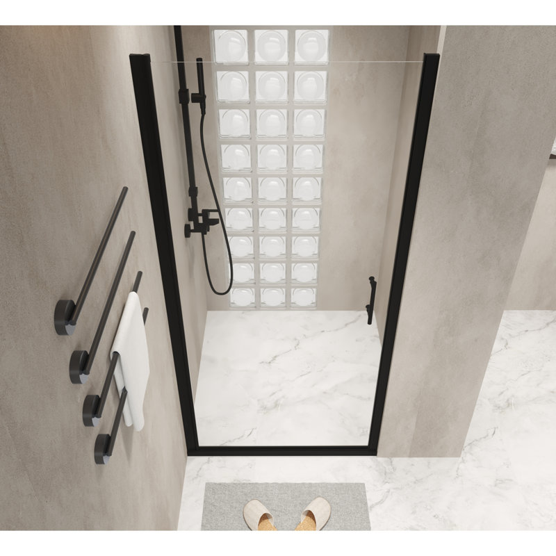 Porte de douche pivotante 34 "x 72", cadre noir mat, demi-cadre, verre trempé