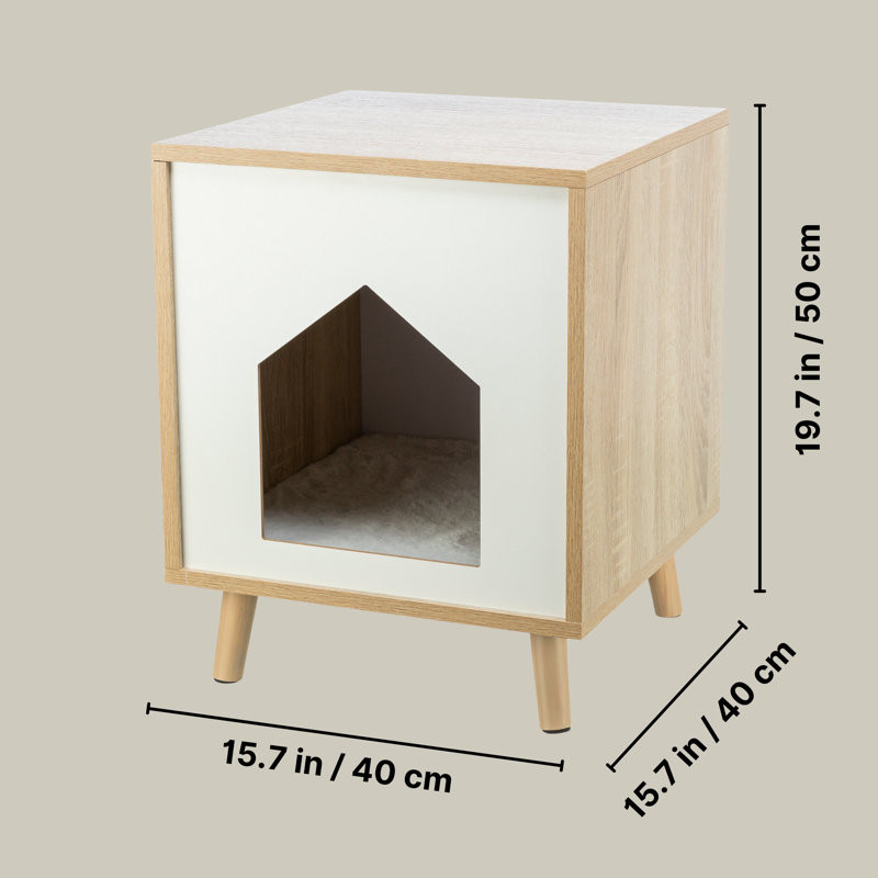 Modern Oak and White Cat Condo Side Table with Cushion