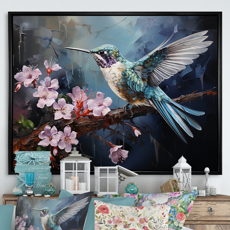 Colibri émeraude rose flottant - art mural grand colibri, Cadre flottant noir, H 34 po x l 44 po x P 1,5 po