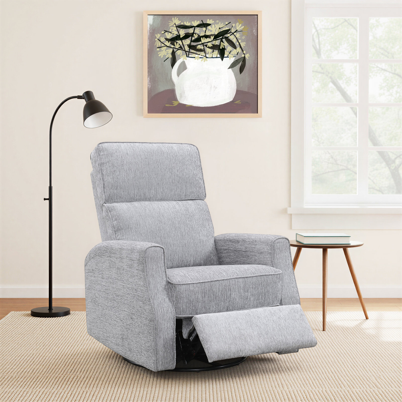 Pomeline Upholstered Swivel Recliner, Light Gray Polyester