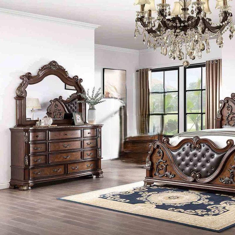 Commode large Prio, 11 tiroirs, plateau en marbre, bois sculpté, Brun cerisier