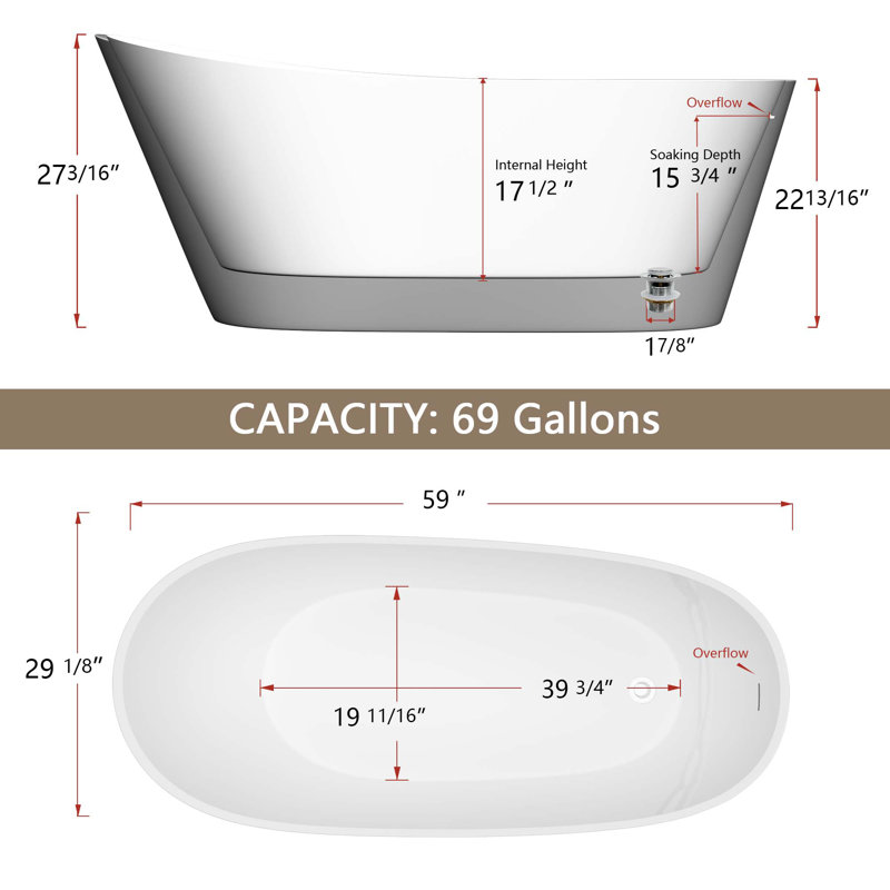 59'' x 29.13'' Freestanding Soaking Acrylic Bathtub, Black