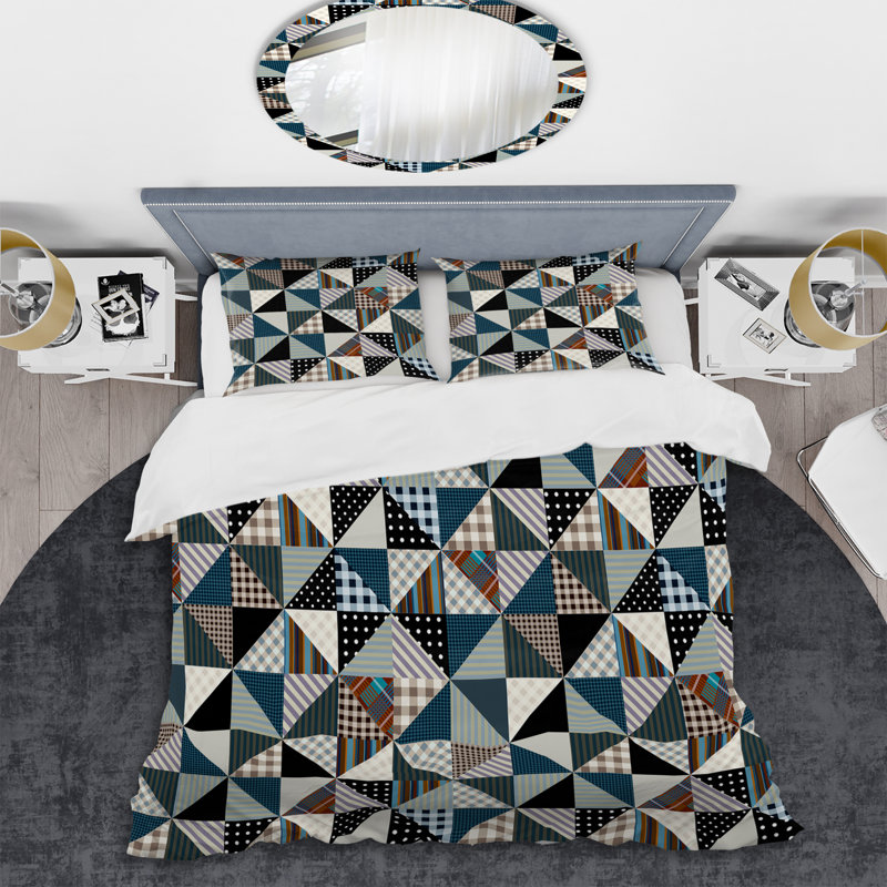 Patchwork brun et gris - ensemble de housse de couette abstrait - microfibre de polyester