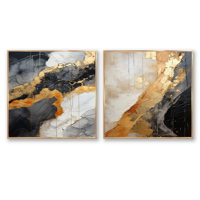 Minimalisme chrome or et orange Poteries - Ensemble de 2 collages carrés abstraits, Cadre flottant doré, H 16 po x l 33 po