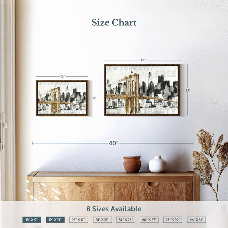 New York Skyline I, 19 po x 13 po, Cadre flottant noyer
