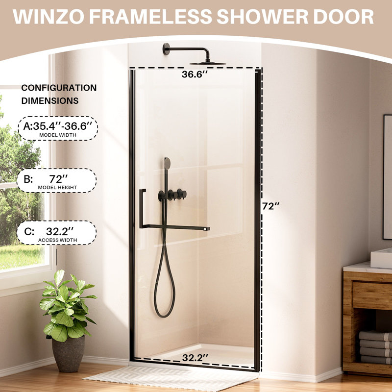 36 In. W X 72 In. H Pivot Frameless Shower Door In Matte Black Finish With Tempered Glass, Matte Black
