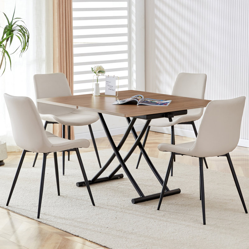 Table de levage multifonctionnelle moderne minimaliste, bureau autocollant en grain de bois 0,8 pouce, pieds en métal noir.  4 chaises de salle à manger rembourrées en similicuir avec pieds en métal noir.  LT-10055 B0502