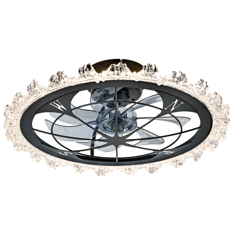 21 Inch Farmhouse Compass Caged Flush Mount Ceiling Fan with Light, Matte Black Round Metal Frame, Wavy Crystal Acrylic Trim, 6 Speed, Remote & App Dual Control for Bedroom Kitchen