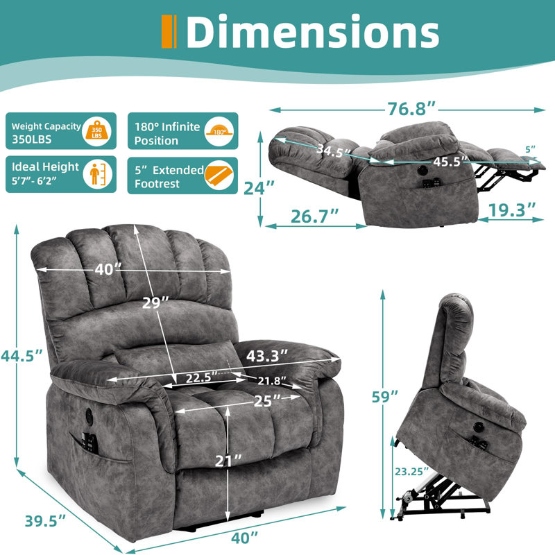 Meetwarm Oversized Dual Motor Power Lift Chair With Extended Footrest For Big Tall Elderly, Infinite Position Lay Flat Sleeper Electric Recliner, Heat Massage, Lumbar Pillow, Usb & Type-C Ports