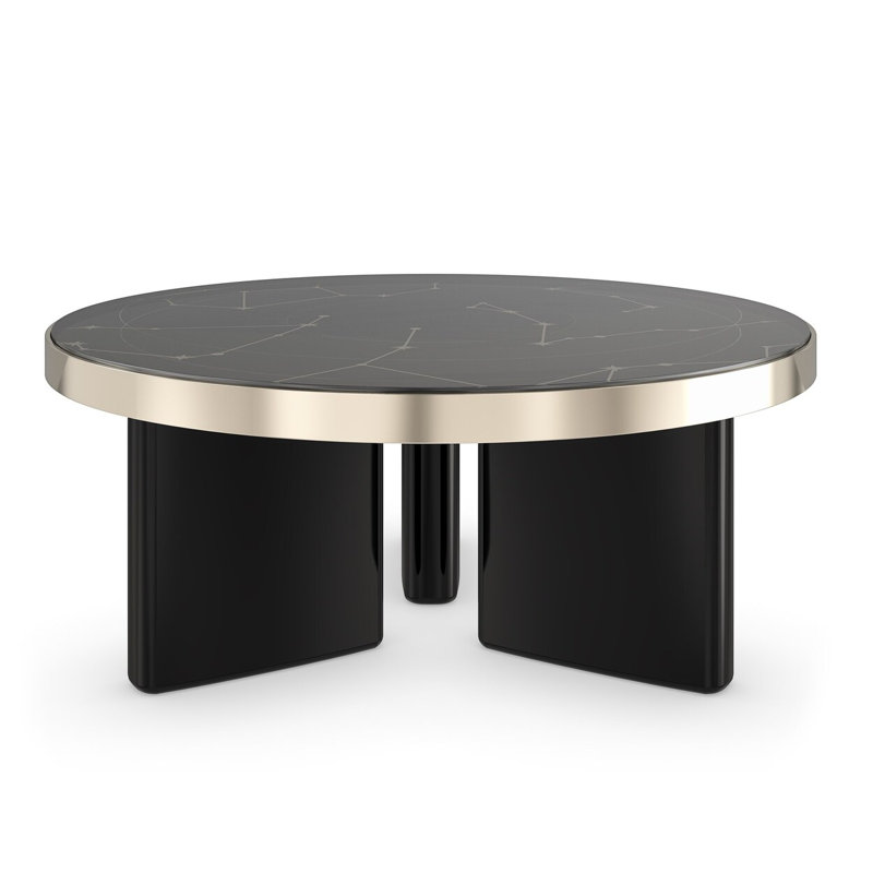 Round Black and Gold Wood Glass Cocktail Table