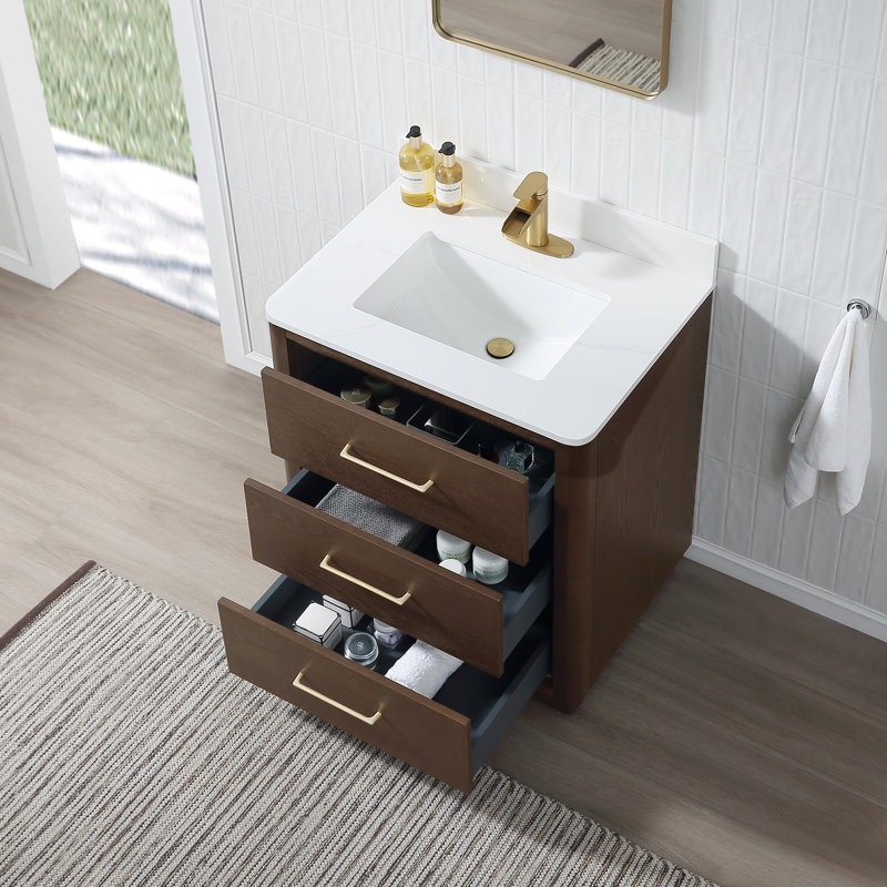 Meuble-lavabo sur pied simple 30 po avec comptoir en quartz, Brun