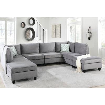 Canapé modulaire 8 pièces en velours gris, 120 po, avec 2 fauteuils d'angle, 4 repose-pieds sans accoudoirs, dossier rembourré en mousse, mobilier au design moderne