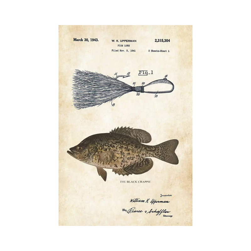 Black Crappie Fishing Lure by Patent77 - Wrapped Canvas Gallery-Wrapped Canvas Giclée, 30.48 cm H x 45.72 cm W
