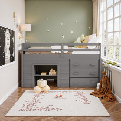 Lit mezzanine simple peu encombrant avec armoire de rangement, bibliothèque et rails de sécurité pour enfants et adolescents