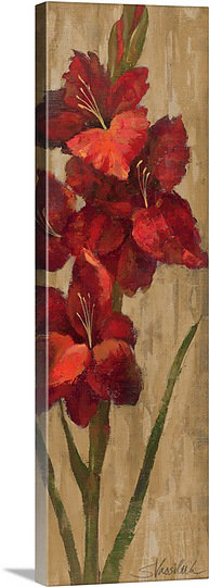 «Vivid Red Gladiola on Gold» par Aniessa, reproduction d'art, H 60 po x l 20 po x P 1,5 po, Toile