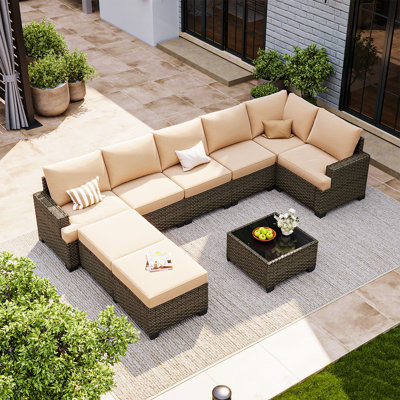 9-Piece PE Wicker Modular Patio Conversation Set With 4" Beige Cushions & Coffee Table