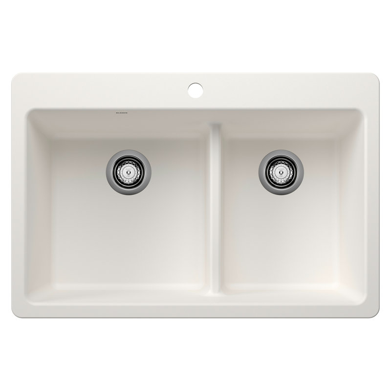 Liven SILGRANIT 33" 60/40 Double Bowl Dual Mount Kitchen Sink with Low Divide, White