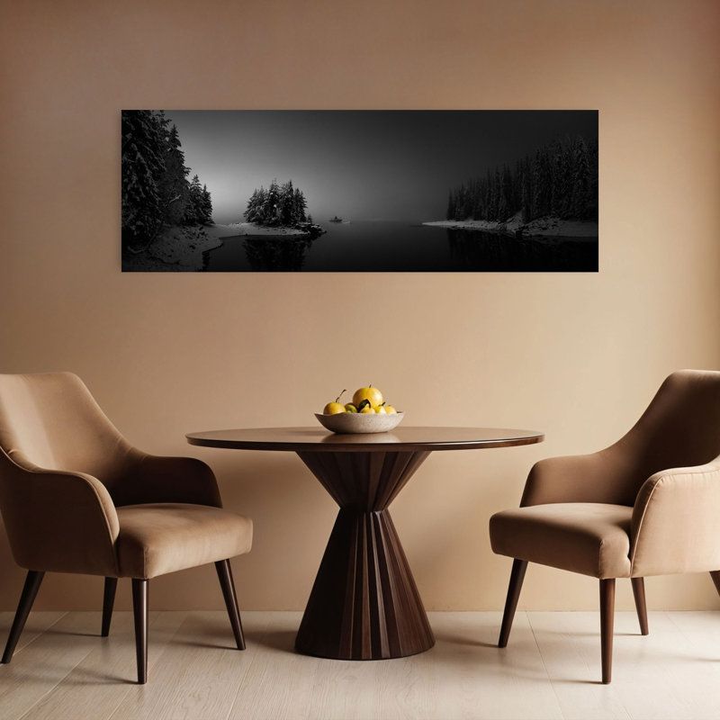 «Misty Winter Lake Peaceful Serene Tranquil Forest Landscape», art mural, H 16 po x l 48 po