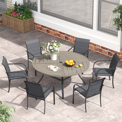 Outdoor Patio Dining Set - 47'' Round Table with Umbrella Hole + 6 Stackable Chairs