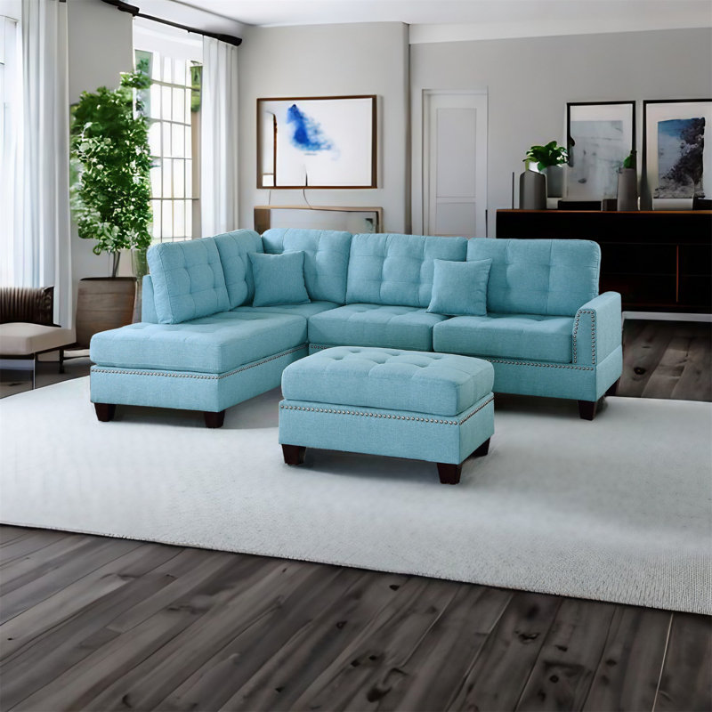 Canapé modulaire rembourré 3 pièces, Mélange de lin bleu
