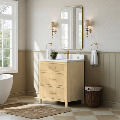 Meuble-lavabo simple Isola de 76 cm (30 po) en chêne scandinave, comptoir en quartz blanc, lavabo carré encastré (1 trou), garniture noire mate