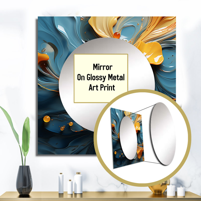 Modern Orange Leaves Floating On Tender Blue Wave - Abstract Shapes Square Mirror For Wall Art Decor, 29" x 29"