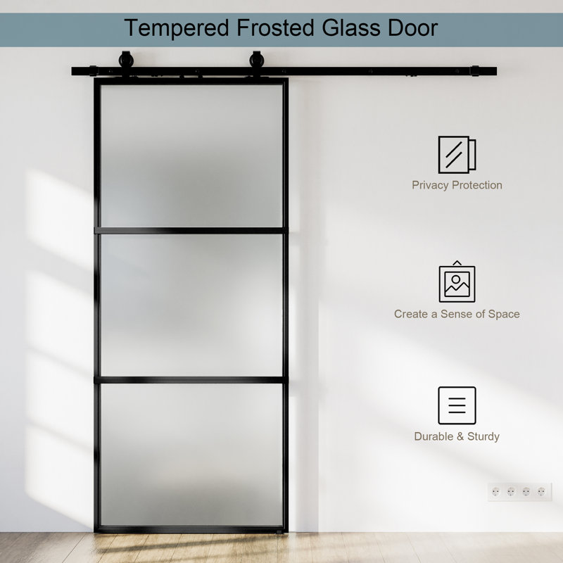 Black Aluminum and Frosted Glass Sliding Barn Door with Installation Kit