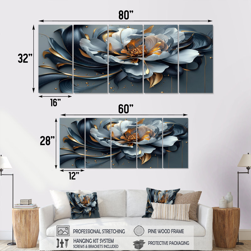 Fleur de pivoine bleue et grise - ensemble d'art mural pivoine, H 28 po x l 60 po
