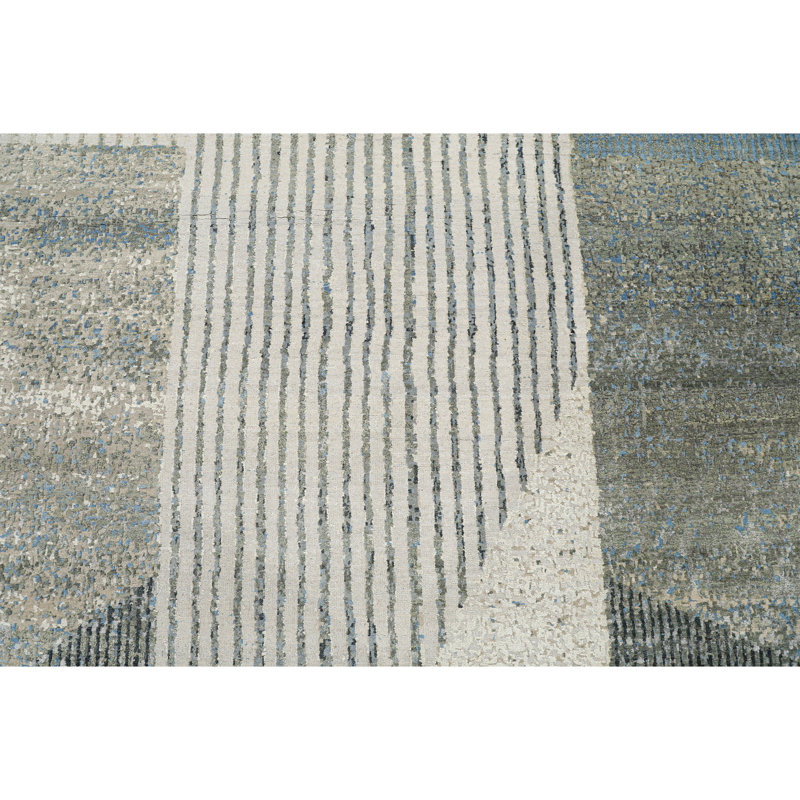 Hand Knotted Striped Area Rug in Silver/Gray/Blue, Rectangle 9' x 12'