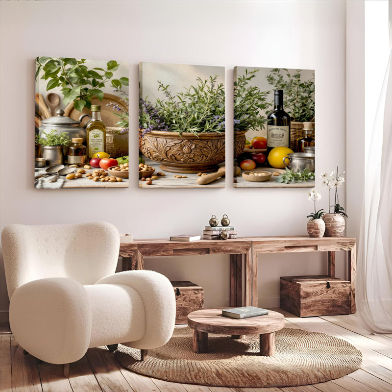 Ensemble de 3 tableaux sur toile tendue représentant une nature morte d'herbes aromatiques, 2436