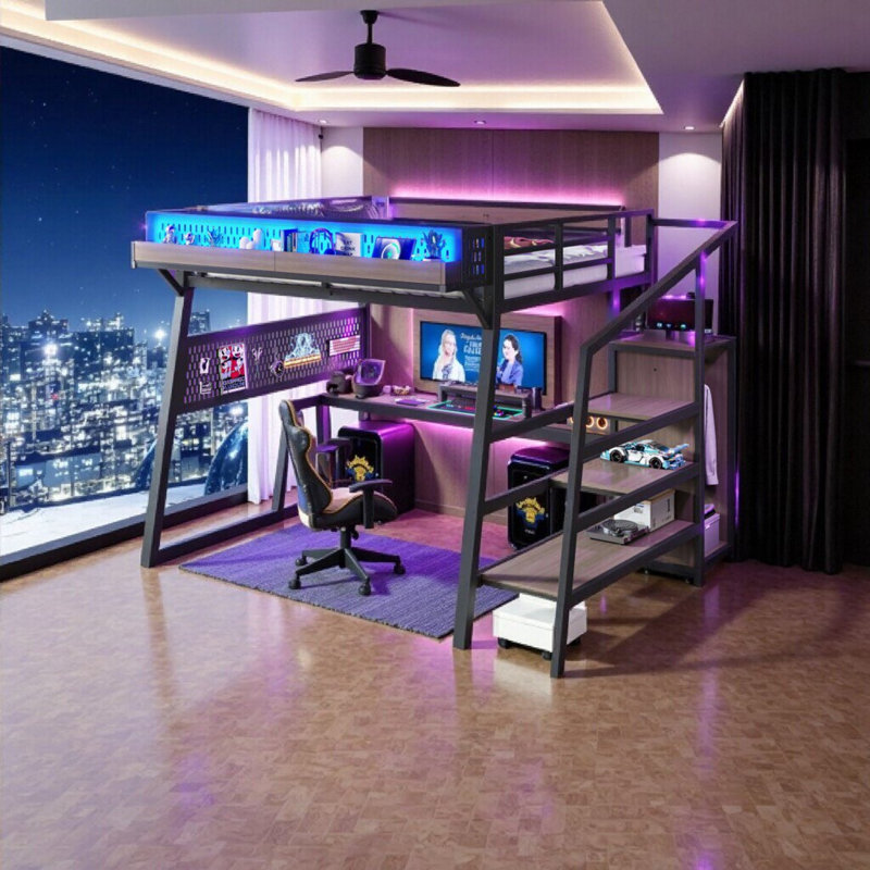 Lit mezzanine en métal AVELOR avec escalier de rangement, ports USB et lumières à DEL, zone de jeu en dessous, capacité de 350 lb