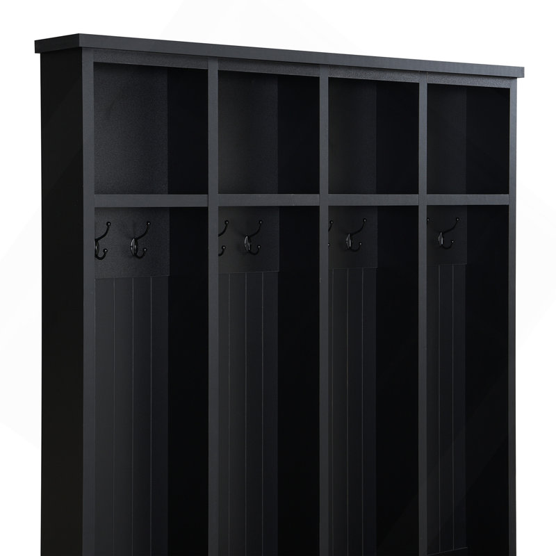 Farmhouse 59"W Wide Hall Tree With 8 Hooks, Practical Entryway Bench With Open Compartments, 76.7"H Modern 3-In-1 Wooden Style Coat And Shoe Rack For Mudroom, Living Room, Black
