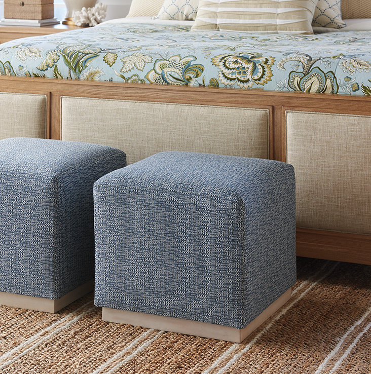 Colby Blue Upholstered Ottoman with Cameo Shores Frame
