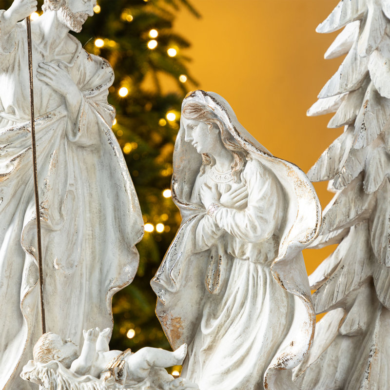 5 pièces Sainte Famille en résine brune avec arbres de Noël, Brown