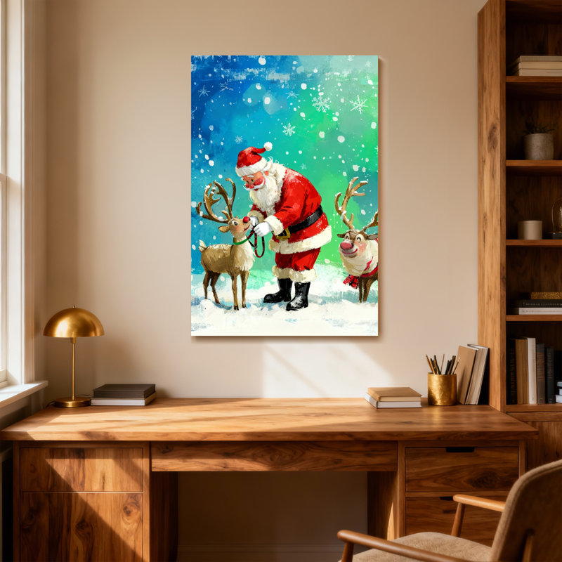 Père Noël avec des rennes dans une scène enneigée