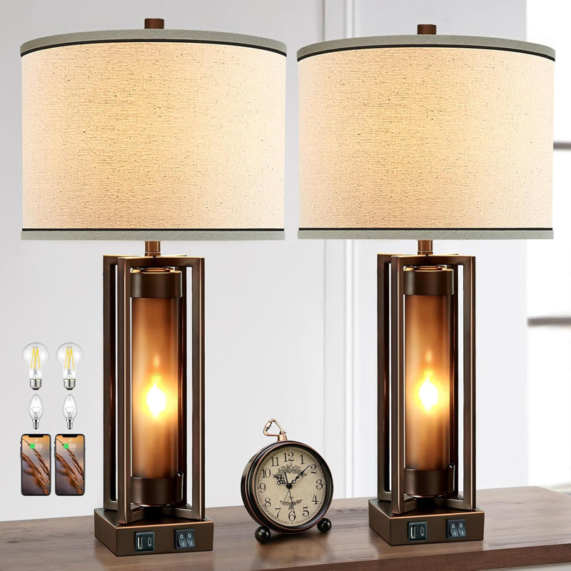 Rustic Brown Metal Table Lamps Set of 2 with Beige Linen Shades and USB Ports