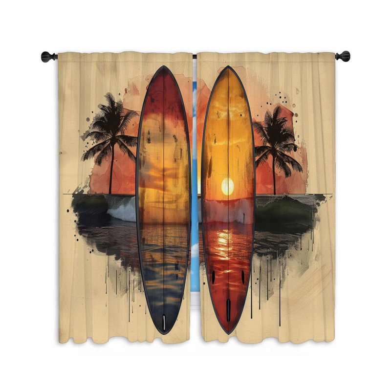 Surfboards Beach Reflections Room Darkening Curtain Pair, 20" W x 84" L