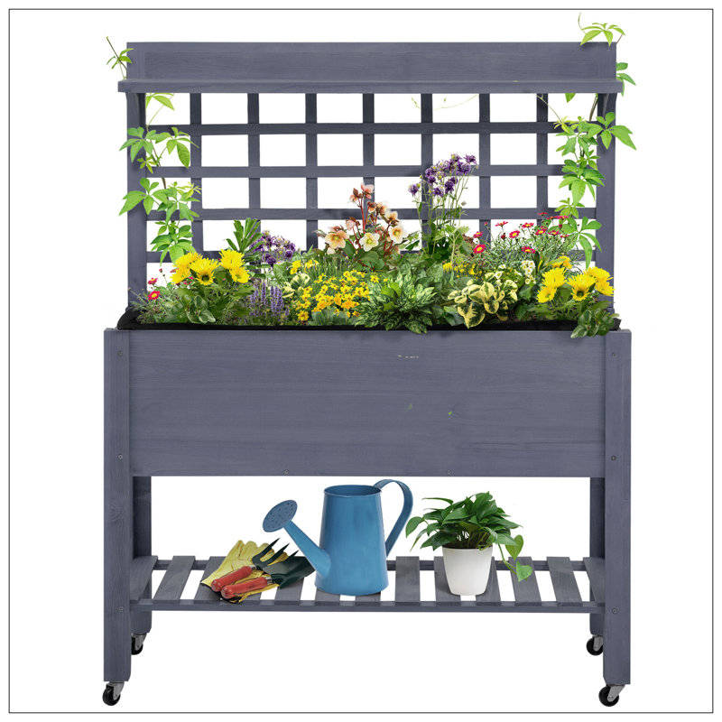 41" Raised Garden Bed With Trellis On Wheels, Wooden Elevated Planter Box With Legs And Bed Liner, For Flowers, Herbs & Vegetables, Gray
